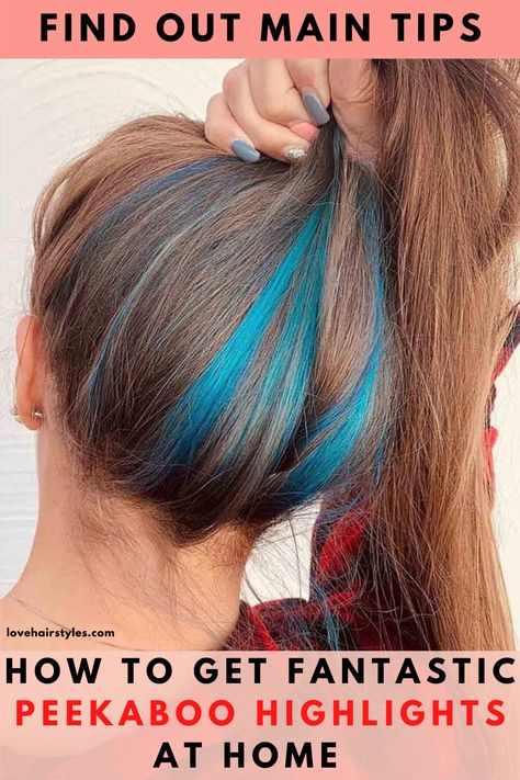 Look at our web site to find out best tips how to get amazing peekaboo hair at home. #lovehairstyles #peekaboo #peekaboohair #haircolor Hair Color Only On Ends, Peek A Boo Hair Placement, How To Do Underneath Hair Color, Color Streaks In Brown Hair Short, Peekaboo Hair Color Technique, Dark Brown With Peekaboo Color, How To Section Hair For Peekaboo Color, How To Dye Hair Underneath, Peep A Boo Hair Color