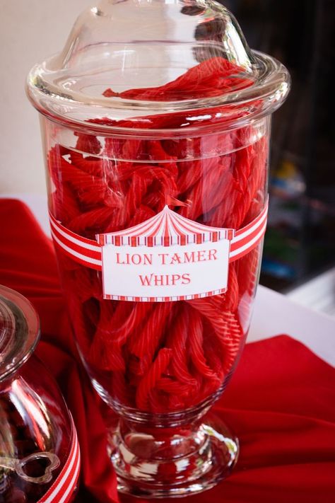 Lion tamer whips for the circus candy buffet! | Circus Birthday Party Dumbo Party Food, Carnival Birthday Party Theme Food, Vintage Circus Baby Shower Theme, Circus Birthday Party Food, Circus Party Food Ideas, Circus Theme Baby Shower Ideas, Circus Theme Food, Circus Food Ideas, Circus Theme Party Food