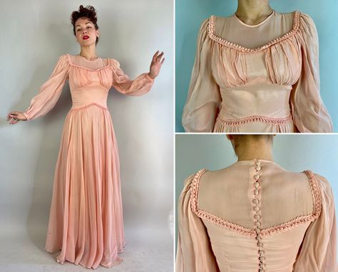 1940s Gown, 40s Outfits, Sipping Tea, Cocktail Dress Vintage, Peachy Keen, Illusion Neckline, Pink Maxi, 1940s Fashion, Historical Dresses