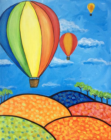 Easy Painting For Kids, Seni Pastel, Oil Pastel Art, Easy Canvas Painting, Glass Work, Lukisan Cat Air, Hot Air Balloons, Kids Coloring, Beginner Painting