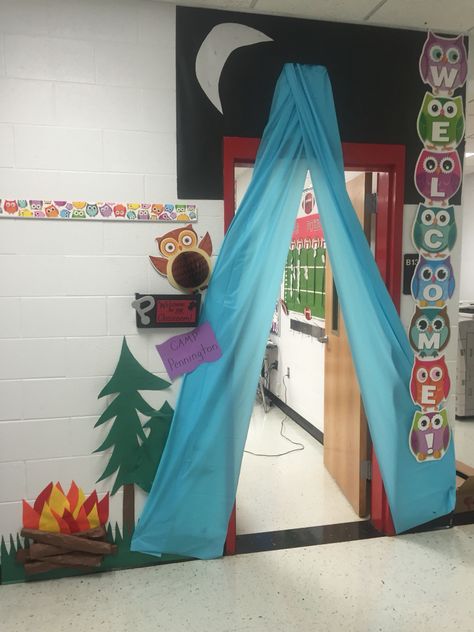 Tent Door Decoration, Camp Door Decorations Classroom, Camping Theme Classroom Door, Camping Classroom Door, Camping Theme Door Decorations, Breaker Rock Beach Door Decoration, Tent Classroom Door, Cabin Classroom Door, Adventure Classroom Doors