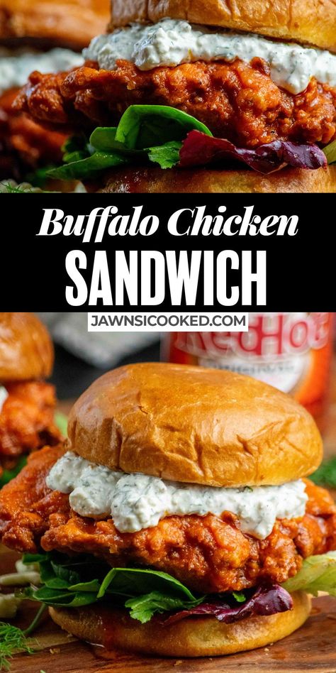 This crispy, crunchy, flavor-packed, buttermilk marinated buffalo chicken sandwich recipe uses a special ingredient for ultra-crispy breading, with a tangy homemade dilly blue cheese sauce and toasted brioche buns! Fried Buffalo Chicken Sandwich, Fried Buffalo Chicken, Buffalo Chicken Sandwich, Chicken Sandwich Recipe, Buffalo Chicken Sliders, Buffalo Chicken Sandwiches, Blue Cheese Sauce, Drink Inspiration, Chicken Sandwich Recipes