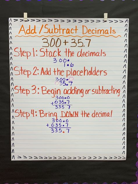 Steps on how to add and subtract with decimals How To Add Decimals, Decimal Addition And Subtraction Anchor Chart, Adding And Subtracting Decimals Anchor Chart, Add And Subtract Decimals Anchor Chart, Adding Decimals Anchor Chart, Adding And Subtracting Decimals Anchor, Add And Subtract Decimals, Classroom Promise, Decimals Anchor Chart