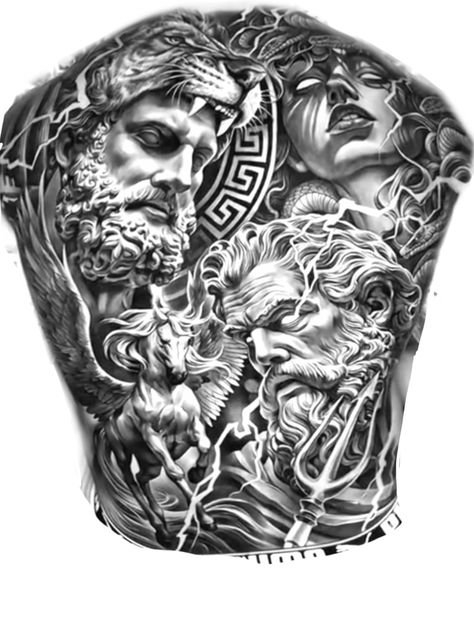 Greek Mythology Tattoos Back Piece, Zues Tattoo Full Back, Men’s Full Back Tattoo, Back Tattoo Mural, Back Tattoo Men Japanese, Greek Mythology Tattoos Back, Full Belly Tattoo, Tattoo Full Body Men, Full Back Piece Tattoo Men