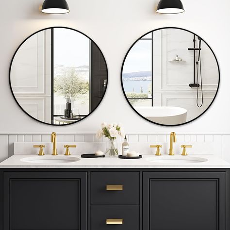 PRICES MAY VARY. Please consider the size you need carefully before ordering, 18"/20"/24" are smaller sizes with one hole on the back of the mirror, 30" and above are larger sizes with two holes on the back of the mirror Update Your Bathroom - Circular metal frame and matte black mirror create a soft and elegant feeling, which can make your bathroom refresh. While the pretty sturdy and the thick metal trim makes the black mirror look more modern Perfect Fit Interior Design - Great value and an e Black Circular Mirror Bathroom, Double Round Mirror Bathroom, Round Mirrors In Bathroom, Black Bathroom Mirror Ideas, Black Round Mirror Bathroom, Round Vanity Mirror Bathroom, Round Bathroom Mirror Ideas, Black White And Grey Bathroom Ideas, Beige And Black Bathroom Ideas