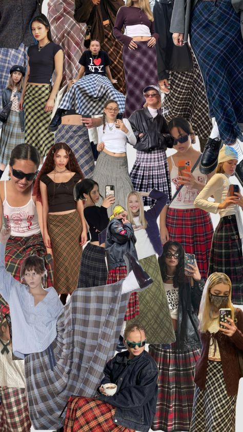 Plaid Skirts Long, Checked Long Skirt Outfit, Plaid Maxi Skirts, Plaid Winter Skirt, Maxi Skirt Y2k Outfit, Knee Length Plaid Skirt Outfit, Long Plaid Dress Outfit, Check Maxi Skirt, Long Plaid Skirt Outfit Aesthetic