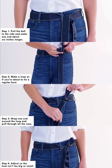 How to tie a J.Crew half bow How To Tie A Belt Knot On Jeans, How To Tie A Half Bow Belt, How To Tie Belt Bow, Belt Bow Knot Tutorial, How To Tie A Belt Bow On Pants, Ways To Tie A Ribbon, Tie A Ribbon Bow Belt, Belt Knots, Hair Lookbook