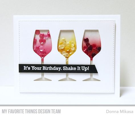 three umbrellas: MFT July Card Kit--Let's Toast (with a Twist) Release Day Wine Birthday Cards, Cheers Card, Mft Cards, Mft Stamps, Birthday Cards Diy, Shaker Cards, Card Kits, It's Your Birthday, Masculine Cards