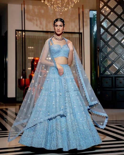 Powder Blue Lehenga, Varun Chakkilam, Floral Lehenga, Blue Lehenga, Indian Couture, Pastel Floral, Powder Blue, Ice Blue, Lehenga