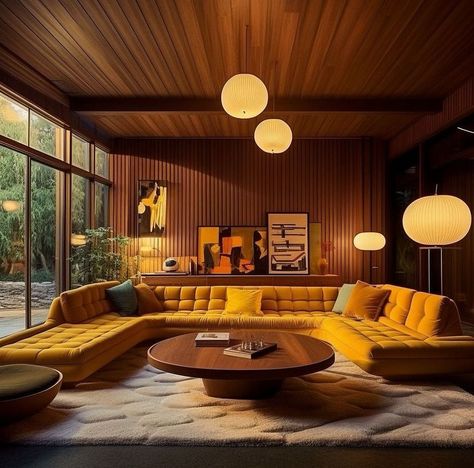 Famous Mid Century Homes, 1979 Home Decor, 80s Home Interior, Wood Paneled Walls Living Room, Tacky Decor, 70s Interior Design, Corporate Interior Design, 70s House, Mid Century Modern Interior Design