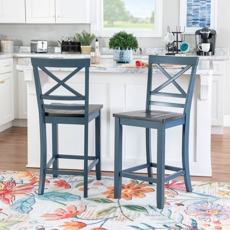 Kiri Blue 24-Inch Counter Height Bar Stool (Set of 2) - Bed Bath & Beyond - 39097579 Painted Stools, Powell Furniture, Wood Counter Stools, Counter Height Stool, Counter Height Bar, Wood Counter, Blue Frame, Counter Height Bar Stools, Counter Height Stools