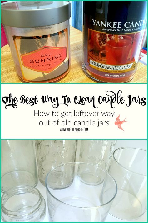 The Best Way To Clean Jars - How To Clean Candles & Food Jars: How to get the wax out of old candles & How to get the label and glue off of old pasta jars by A Love Worth Living For Clean Candle Jars, Pasta Jars, Candles Food, Clean Candles, Old Candle Jars, Old Jars, Empty Candle, Remove Wax, Food Jars