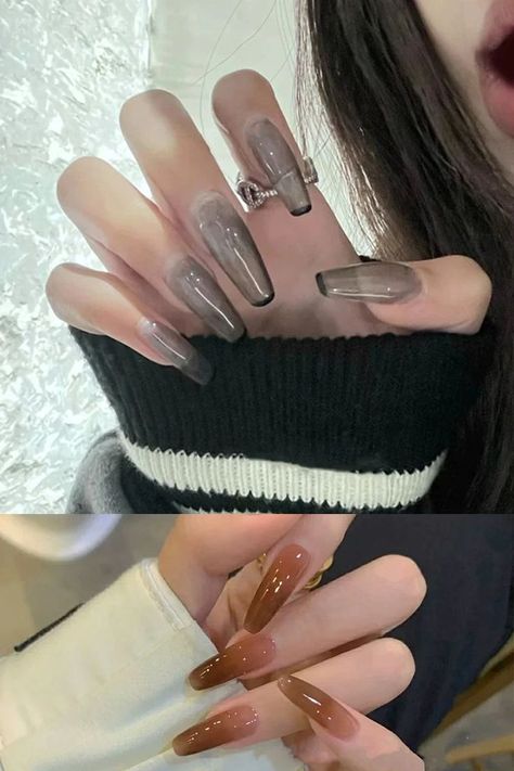 Jelly Nails Brown, Jelly Glass Nails, Acrylic Jelly Nails, Nails Brown, Edge Nails, Moon Nails, Happy Nails, Pointed Nails, Really Cute Nails