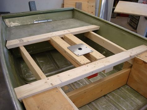 jon boat deck extension | With that concept, I was able to have two storage areas on both sides ... Jon Boat Seat Ideas, Jon Boat Project, Deck Extension, Jon Boat Modifications, Duck Boats, Boat Upgrades, Jon Boats, John Boats, Flat Bottom Boats