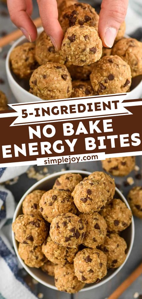 Five Ingredient No Bake Energy Bites Oatmeal Energy Bites, Peanut Butter Energy Balls, Peanut Butter Energy Bites, No Bake Energy, Energy Bites Recipes, No Bake Energy Bites, Healthy Protein Snacks, Energy Ball Recipe, Protein Bites