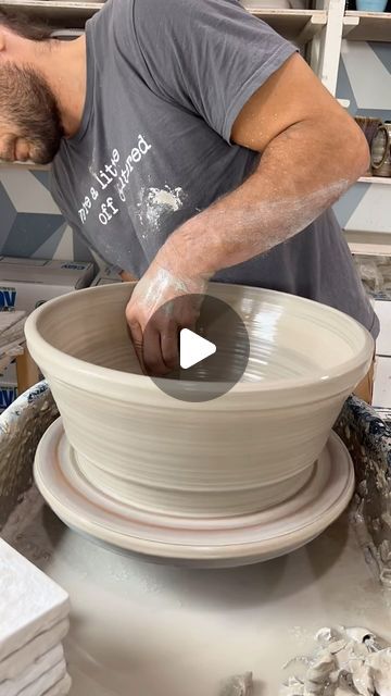 Jon Schmidt pottery on Instagram: "Throwing some big bowls today in the studio !  This was about 10 pounds of buff stoneware.   We just restocked all sizes of the “we’re a little off-centered“ t-shirts that I’m wearing on the Etsy shop.   We also have over 100 of our best pots going up in the April collection this Sunday at 6 pm CST!" Big Ceramic Bowls, Throwing Pottery, Making Pottery, Pottery Videos, Pottery Inspiration, Pottery Techniques, Big Bowl, Pottery Wheel, Pottery Ideas