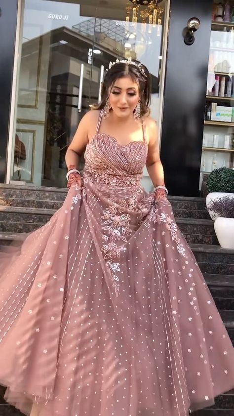 weddingbazaarfashion on Instagram: Dusty Pink Gown + Sneakers = Coolest Engagement Look ✨💕 . . . Mua - @monika_arora_mua Wearing @meharbyshrimati Jewellery… Sagan Outfits For Bride, Ball Gown For Engagement Indian, Gown Look For Engagement, Pink Gown Makeup Look, Engagement Gowns Indian Brides, Engagement Bridal Look, Engagement Gowns Indian, Radha Dress, Gown For Engagement