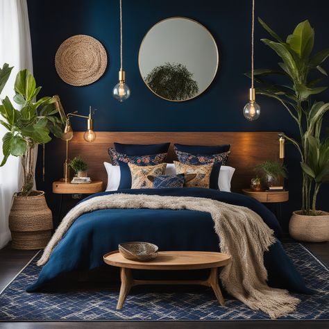 Mahogany And Blue Bedroom, One Blue Wall Bedroom, Midnight Blue Bedroom Ideas Accent Wall, Blue Dark Bedroom, Black Trim Blue Walls, Blue Bedroom Dark Furniture, Dark Blue And Green Bedroom Ideas, Deep Blue Bedroom Ideas, Dark Blue And Green Bedroom