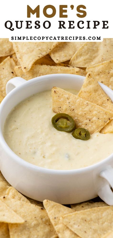 This Moe's Queso recipe is a creamy and flavorful blend of melted cheeses, spices, and peppers, creating a savory queso that's both versatile and irresistible. Whether used for dipping, topping or enjoyed on its own, it's a delicious Tex-Mex favorite that adds the perfect touch to any meal. Copycat Moes Queso, Recipe For Queso Dip, Top Dip Recipes, Tex Mex Queso Recipe, Qdoba Queso Recipe, Diy Queso, Moes Queso, Moes Queso Recipe, Grill Queso