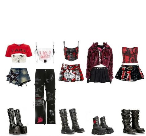 red and black, rockstar, punk vibes, stage outfit Red And Black Outfits For Concert, Black And Red Performance Outfit, Band Member Outfits, Punk Stage Outfits, Red And Black Concert Outfit Ideas, Red Kpop Outfits, Stage Outfits Red, Stage Performance Outfits Kpop, Kpop Stage Outfits Ideas 5 Members