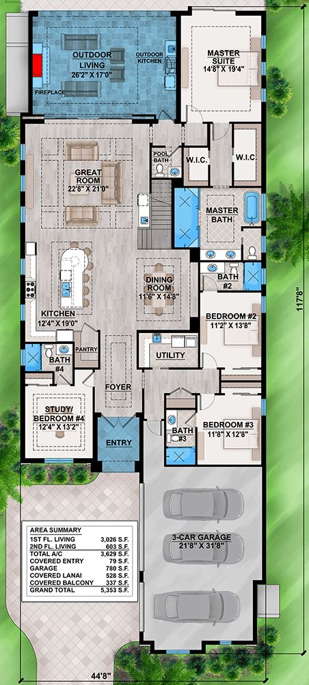 This 2-story coastal contemporary house plan gives you 4 beds, 5 baths and has a total of 3,629 square feet of heated living space. The front bedroom can be used as a flex room and repurposed as a home office if needed. Amenities include a great room with 12'8" tray ceiling, an island kitchen (12'4" tray ceiling) with walk-in pantry and a utility room.   The master bedroom with 12' tray ceiling features 2 walk-in closets, shower, two vanities and a freestanding soaking tub. 4 Bed 3 Bath House Plans, Coastal Floor Plans, 4 Bedroom Bungalow House Plans, Upstairs Lounge, Florida Style Homes, Freestanding Soaking Tub, 4 Bedroom House Designs, Narrow House Plans, Modern House Floor Plans