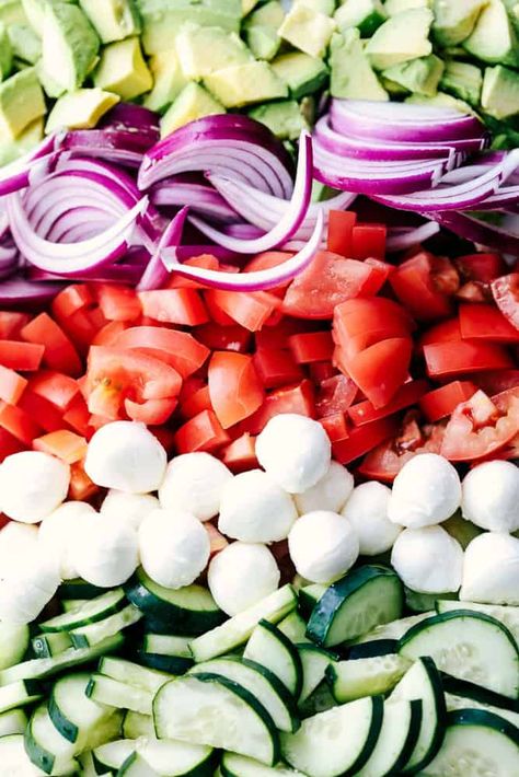 Avocado Cucumber Tomato Salad, Cucumber Red Onion Salad, Mozzarella Cheese Balls, Salad Italian, Cucumber Tomato Avocado Salad, Tomato Mozzarella Salad, Red Onion Recipes, Recipe Tomato, Tomato Recipe