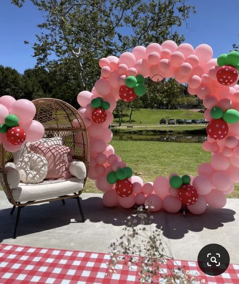 Strawberry Party Balloons, Strawberry Themed Balloon Arch, Berry Sweet Balloon Garland, Berry Decorations Party, Strawberry Shortcake Theme Party Ideas, Strawberries And Daisies Party, Strawberries Baby Shower Ideas, Strawberry Baby Shower Theme Girl, Girl Baby Shower Ideas Strawberry