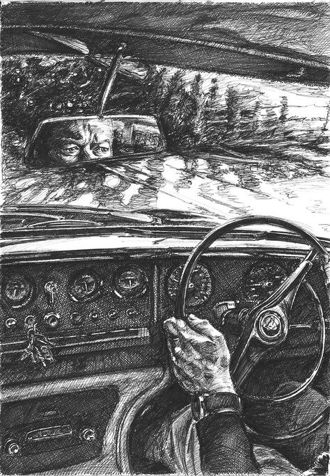 Fineliner drawing of the interior of a Jaguar MK10 driving into a sunset Inside Car View Drawing, Inside Of Car Drawing, People In Car Drawing, Driving A Car Drawing, Inside Car Drawing Reference, Car Interior Drawing, Drawings Of Rooms, Inside Car Drawing, Expedition Drawing