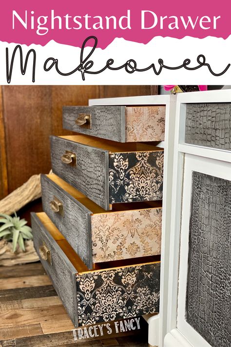 Decoupaged Drawer Sides with Gorgeous Damask Printed Paper on a nightstand drawer ... alternating colors and very detailed Decoupage On Furniture Ideas, Inside Drawer Makeover, Decoupage Furniture Mid Century, Decoupage Dresser Drawers, Mcm Nightstand, Dresser Drawer Liners, Decoupage Drawers, Drawer Detail, Dresser Inspiration