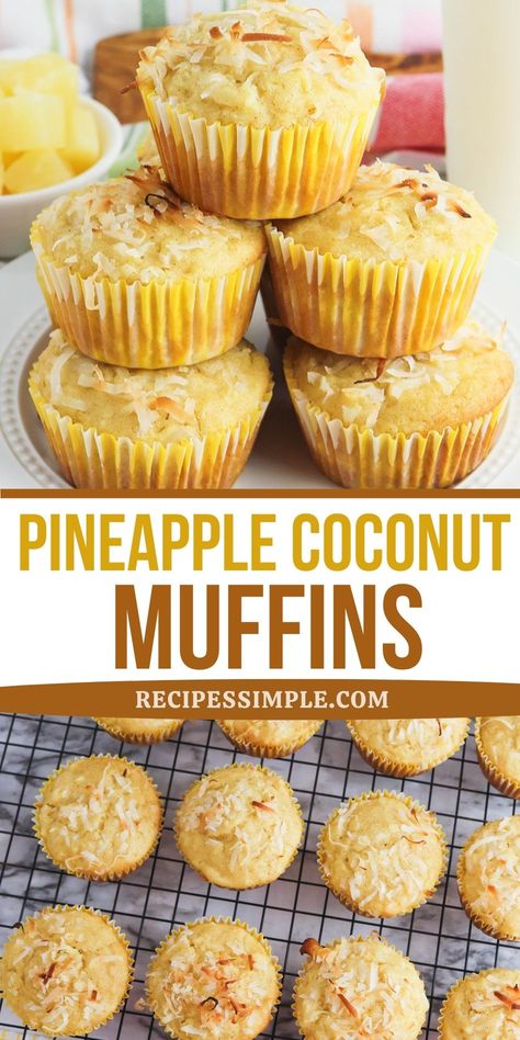 Pineapple muffins stacked on white plate and pineapple coconut muffins on wire cooling rack. Pineapple Coconut Muffins, Pineapple Breakfast, Coconut Muffin Recipes, Pineapple Muffins, Coconut Muffins, Pineapple Desserts, Coconut Cupcakes, Pineapple Recipes, Lean Belly Juice