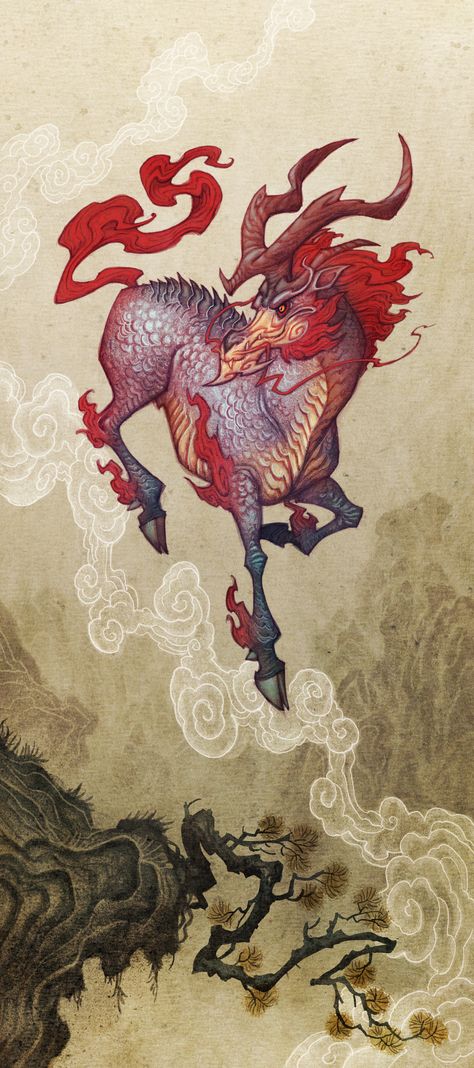 ArtStation - Kirin Kirin Tattoo Design, Kirin Mythology, Japanese Horse Tattoo, Kirin Art, Qilin Kirin, Kirin Tattoo, Johan Egerkrans, Horse Creature, Horse Dragon