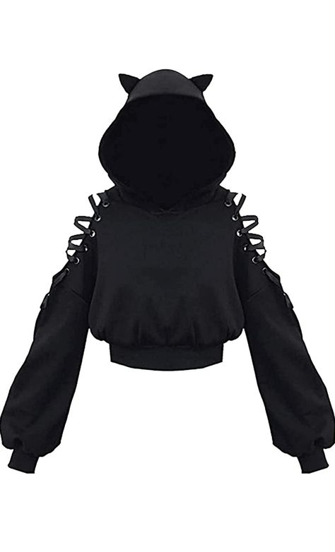 Short Black Women, Techwear Shirt, Hoodie Ears, Techwear Hoodie, Black Kawaii, Aesthetic Hoodies, Stylish Crop Top, Plain Hoodies, Jumper Outfit