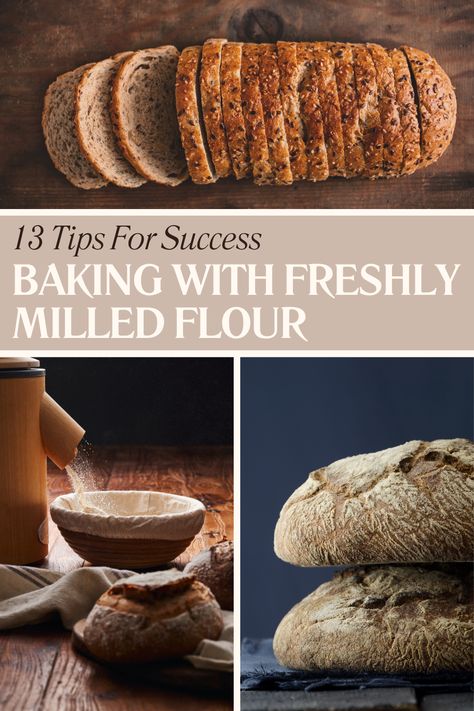 Unlock the full potential of your home-milled grains with '13 Tips For Baking With Freshly Milled Flour (Including Sourdough)'. This guide is a treasure trove of insights on improving flavor, texture, and shelf life of your bread. Learn how to adjust hydration, use pre-ferments like sponges, and select the best grains for a wholesome, hearty loaf. Ideal for enthusiasts eager to master the art of sourdough and whole-grain baking with freshly milled flour. Fresh Flour Recipes, Whole Grain Sourdough Recipes, Bread With Fresh Milled Flour, Sourdough With Fresh Milled Flour, Sourdough Bread With Fresh Milled Flour, Freshly Milled Sourdough Bread, Milled Flour Bread Recipe, Baking With Fresh Milled Flour, Fresh Milled Wheat Recipes