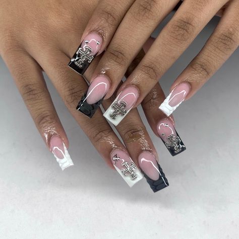 black and white croc print and cross square acrylic nails French With Cross Nails, Crosses On Nails, White Cross Nails, Black Cross Nails, Nails With Cross, Cross Nail Designs, Cross Nails, Long Square Nails, White French Tip