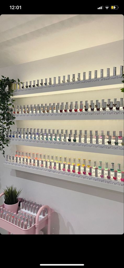 Nail Section Salon, Nail Shop Asethic, Nail Studio Organization, Nail Tech Room Astethic, Nail Business Decor, Tiny Nail Salon Ideas, Nail Room Decor Ideas Black, Nail Tech Wall Decor, Nail Salon Shed Ideas