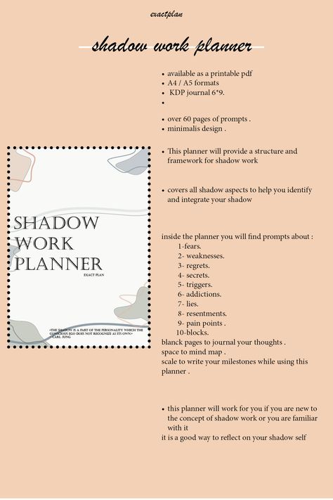 This planner will provide a structure and framework for shadow work and covers all shadow aspects to help you identify and integrate your shadow . inside the planner you will find prompts about : 1-fears. 2- weaknesses. 3- regrets. 4- secrets. 5- triggers. 6- addictions. 7- lies. 8- resentments. 9- pain points . 10-blocks. Shadow Work Journal, Work Journal, Golden Shadow, Planner Sheets, Daily Page, Work Planner, Carl Jung, Shadow Work, Journal Prompts