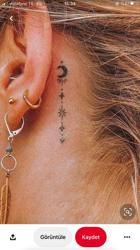 Taurus Behind Ear Tattoo, Ear Tattoo Moon, Feather Behind Ear Tattoo, Behind Ear Tattoo Small, Back Ear Tattoo, Tattoos Behind The Ear, Hairline Tattoos, Female Tattoo Designs, Tattoo Sonne