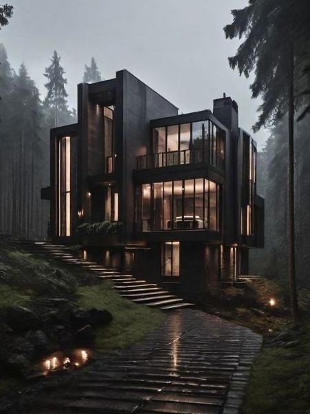 Black Interior Mansion, Hyper Modern House, Black Mansions Luxury Exterior, Modern Goth Home Exterior, Black Mansions Luxury, Goth Modern House, Gothic Modern House Exterior, Dark Luxury House Exterior, Dark House Aesthetic Exterior