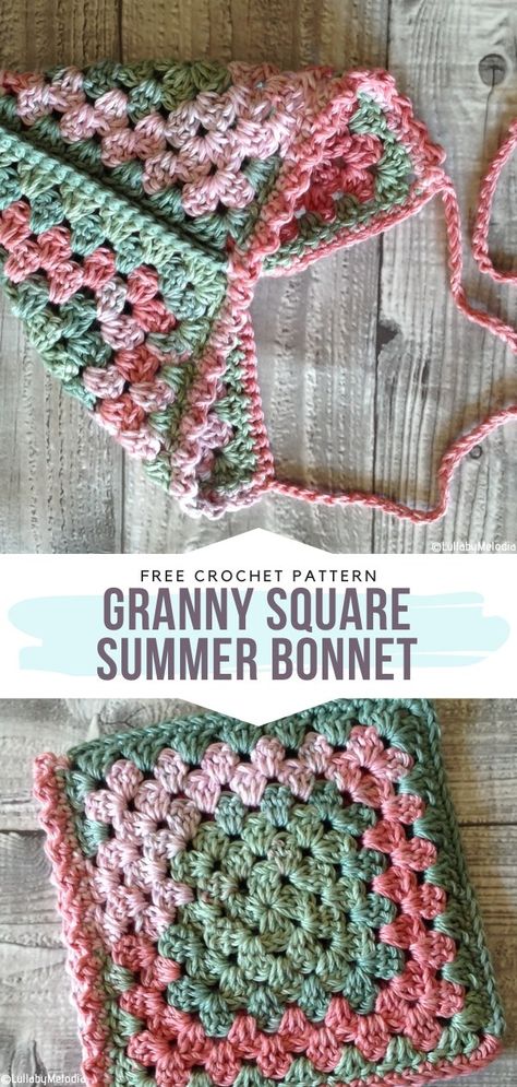 Granny Square Summer Bonnet Free Crochet Pattern Such a clever design! All you need to do here is crochet two basic granny squares and join them together in order to get this pixie-style shape. This bonnet is so adorable and simply one of a kind. These colors are great for spring! #crochetbonnet #crochetbabyhat #crochetbabybonnet #freecrochetpattern Crochet Baby Mittens, Baby Bonnet Pattern, Patterns For Crochet, Crochet Bonnet, Crochet Baby Bonnet, Knitted Patterns, Baby Clothes Patterns Sewing, Bonnet Pattern, Crochet Fairy