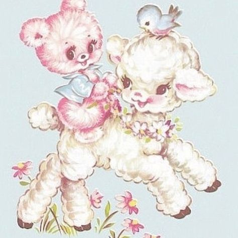 sweet vintage sheep pink bear pastel card hand drawn Illustration Mignonne, Art Mignon, Easter Images, Vintage Nursery, Images Vintage, Vintage Kitsch, Illustration Vintage, Vintage Greeting Cards, Vintage Easter