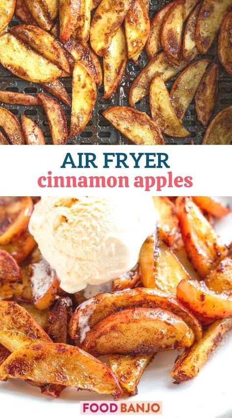 air fried cinnamon apples topped with ice cream Air Fryer Apples Recipe, Apple Recipes In Air Fryer, Airfryer Apple Recipes, Baked Apples In Air Fryer, Air Fryer Cinnamon Apples, Air Fried Apples, Air Fryer Apples, Crockpot Dessert, Apple Cinnamon Recipes