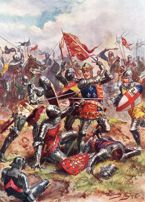 King Henry V at the Battle of Agincourt on 25th October 1415 in the Hundred Years War Battle Of Agincourt, Medieval Artwork, Historical Warriors, Medieval Ages, Ancient Warfare, Asian History, King Henry, Medieval Period, Medieval Armor