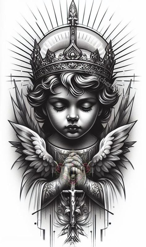 Male Angel Tattoo, Sketsa Tattoo, Santos Tattoo, Tattoo Future, Chest Tattoo Drawings, Tato Salib, Scale Painting, Tato Dada, Heaven Tattoos