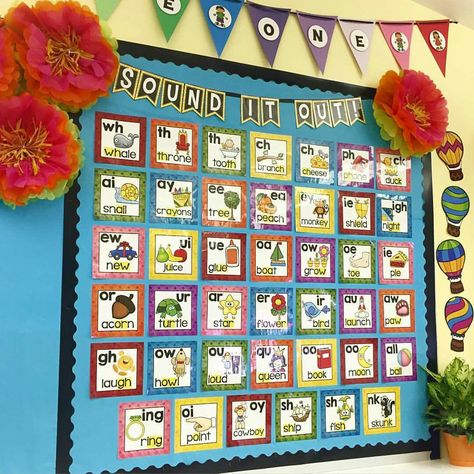 Phonics Bulletin Board Ideas 1st Grades, Ckla First Grade Bulletin Boards, Phonics Classroom Decor, First Grade Sound Wall, Bulletin Board Decoration Ideas, Phonics Bulletin Board, Phonics Wall, Board Decoration Ideas, Bulletin Board Decoration