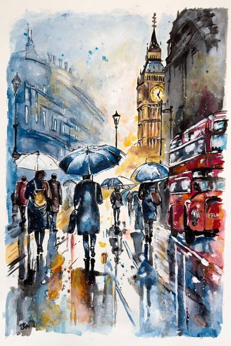 Original fine art painting by Misty Lady (United Kingdom). This one-of-a-kind watercolor on paper painting measures 13W x 19 H inches, and is framed. The cities painting ships in a tube directly from the artist's studio and is covered by the 14-day satisfaction guarantee from Saatchi Art, so you can buy with confidence. Rainy Day Watercolor Painting, Rainy Day Painting, Cities Painting, London Painting, Rainy Street, Day In London, Walking People, Rain Art, Modern Impressionism