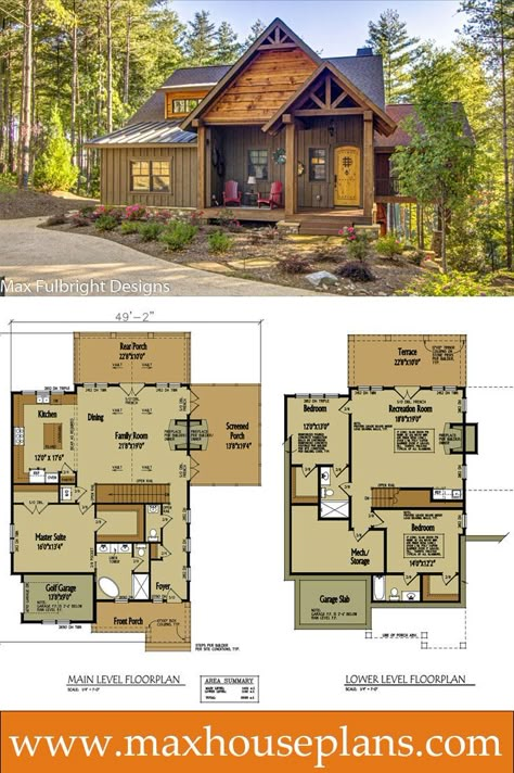 Small rustic cabin design with open floor plan by Max Fulbright. #houseplans Small Cabin Homes, Rustic Cabin Plans, Small Rustic Cabin, Rustic Cabin Design, Plan Chalet, House Plan With Loft, Rustic House Plans, Cabin Home, Cabin Floor Plans