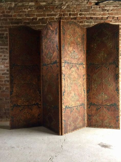 View this item and discover similar for sale at 1stDibs - A stunning antique 19th century continental heavily embossed leather four fold dressing screen or room divider, the screen with four folding leather panels Changing Wall Divider, Antique Folding Screen, Leather Room Divider, Folding Screen Room Divider Ideas, Gold Room Divider, Gothic Room Divider, Antique Room Divider, Vintage Room Divider, Bedroom Screens