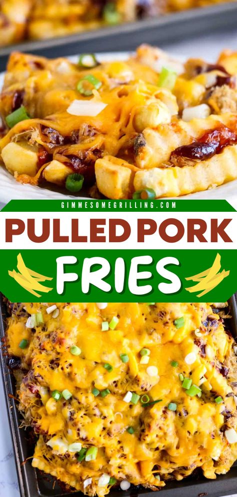 Make way for the best party snack idea! These Pulled Pork Fries is an easy appetizer recipe that starts with French fries with pulled pork, BBQ sauce, onions, and cheese. It also makes the best Gameday recipe! Pulled Pork Fries Recipe, Pulled Pork Fries, Fries For Dinner, Pork Bbq Sauce, Pulled Pork Bbq Sauce, Cheese Fries Recipe, Pulled Pork Leftover Recipes, Green Onions Recipes, Pulled Pork Pizza