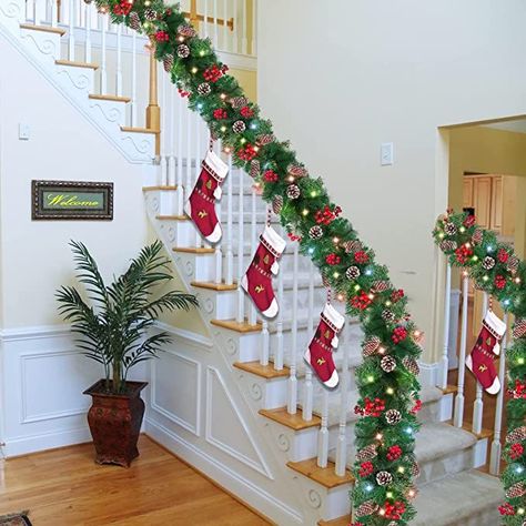 Christmas Garland Decorations, Christmas Staircase Decor, Dollar Store Christmas Decorations, Diy Christmas Table, Christmas Staircase, Christmas Decorations Garland, Creative Christmas Trees, Colorful Lights, Dollar Store Christmas