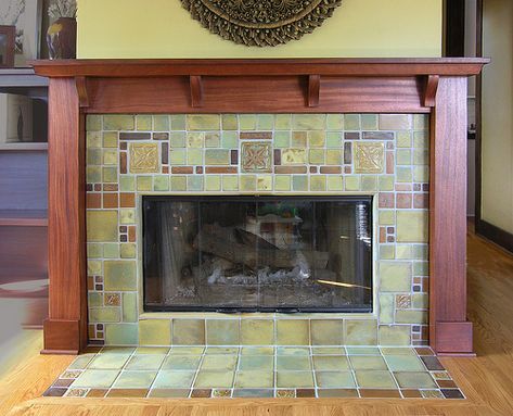 "Misha downstairs". Custom tiles by Cha-Rie Tang. Craftsman Style Fireplace, 1920s Craftsman, Craftsman Fireplace, Craftsman Tile, Arts And Crafts Tile, Bookshelf Ideas, Craftsman Interior, Fireplace Tile Surround, Artisan Tiles